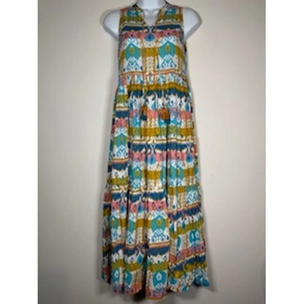 Sangria Maxi Dress S Multicolor Ikat Tiered Boho Tassel Cotton Summer Festival - Picture 1 of 8